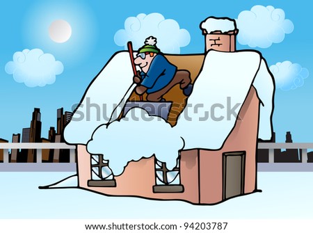 illustration of a man Shoveling Out snow cleaning house roof buried under white snow in winter