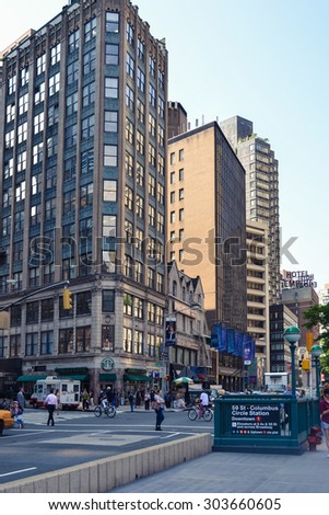 NEW YORK - CIRCA 2014: Street and the entrance to Columbus circle metro station In New York City, NY, USA