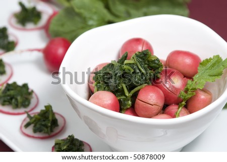 Red Radish and Leaves Salad in a White bowl and plate