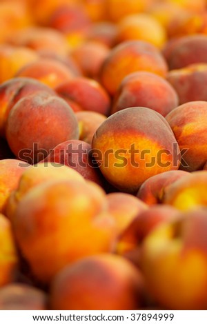 a Pile of red, orange, and yellow peaches  for sale at the farmers market