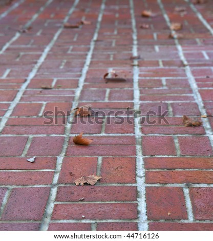 portion of red perspective brick walkway with fallen leaves