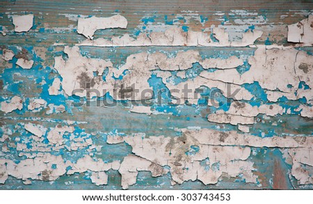 Closeup fragment shabby painted blue and white board.Wood background