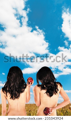 Sexy twins with bare backs holding apples. Blue skies field background added (author\'s picture). Work path.