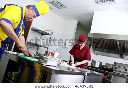 Couple of cooks in action in a restaurant kitchen
