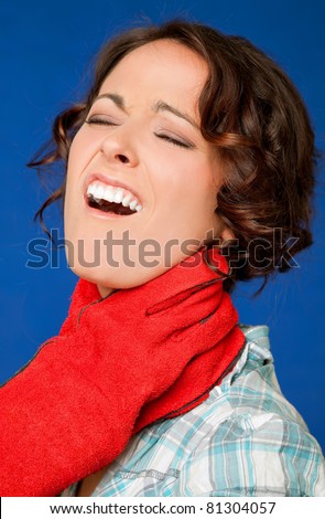 young woman in pain, being strangled by the throat by red glove
