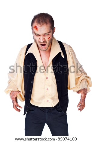 Male vampire with wounded face and hands looking angry, roaring, isolated on white