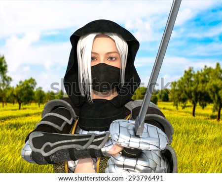 Female Warrior In Armor With A Sword. Woman warrior with sword and armor stands close to the camera.