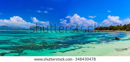 Astonishing panoramic view of the paradise coastline around the island with other islands on the horizon on Mauritius and Reunion islands.