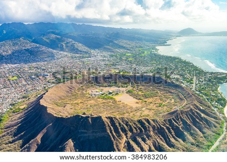 Absolutely amazing aerial view on the Hawaii island with a Diamond head crater and Honolulu city skyline view.
