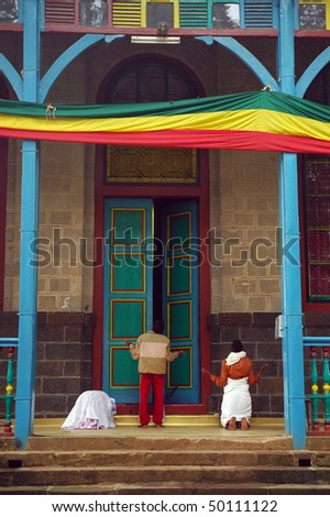 People praying at Entoto Maryam church in Addis Ababa in Ethiopia