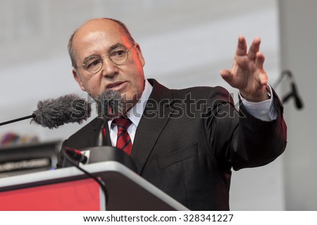 GERMANY - Gregor Gysi speaks at the last political meeting of the party Die Linke in Alexanderplatz, Berlin for the elections of the new parliament on September 20, 2013.