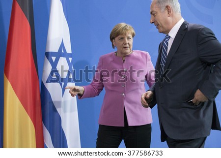 German Chancellor Angela Merkel and Israeli Prime Minister Benjamin Netanyahu are pictured during a news conference at the Chancellery on February 16, 2016 in Berlin, Germany.