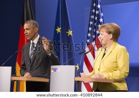 U.S. President Barack Obama and German Chancellor Angela Merkel are pictured during a news conference at the Herrenhausen Palace in Hanover, Germany on April 24, 2016.