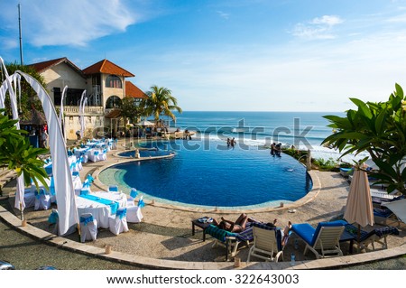 BALI, INDONESIA - MAY, 2015 - The infinity pool overlooking the horizon and sea taken in Blue Point Hotel, Bali on 25 May 2014. Blue Point Hotel is located in Uluwatu, Bali.