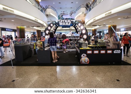 KUALA LUMPUR, MALAYSIA - NOV, 2015 : Star Wars merchandise being sold in Mid Valley during the roadshow taken on 23 November 2015. Star Wars: The Force Awakens premieres on 17th December 2015.
