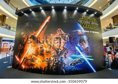 KUALA LUMPUR, MALAYSIA - NOV, 2015 : A wall sized Star Wars poster displayed during a roadshow in Mid Valley taken on 23 November 2015. Star Wars: The Force Awakens premieres on 17th December 2015.