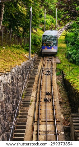 The first wagon of Funicular Floybanen moving down to Bergen, Norway