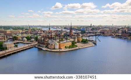 Panoramic view from observation deck on tower City Hall to Gamla Stan (Old Town), Stockholm, Sweden