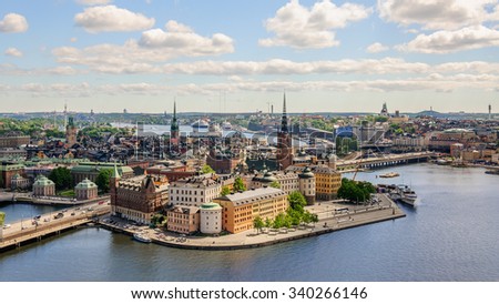 Amazing panorama from height of bird\'s flight on observation deck on tower City Hall to Gamla Stan (Old Town), Stockholm, Sweden
