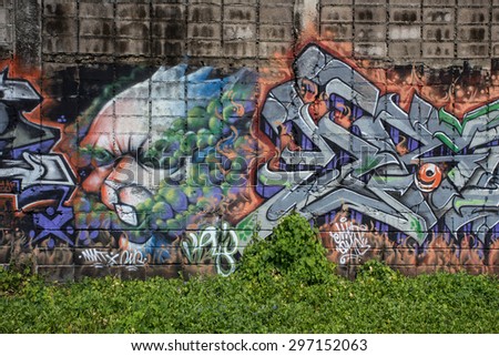 Bangkok, THAILAND, 9 JUNE 2015, Graffiti art painted on old abandon park in downtown, klong-dtoie district