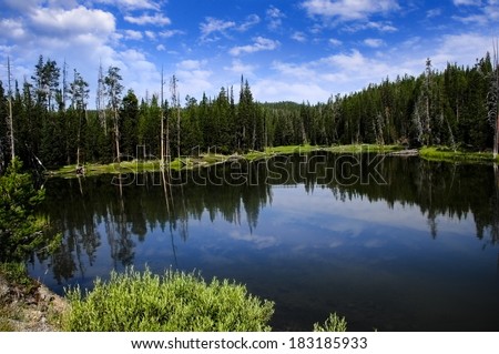 Lake at Yosemite National Park with reflections of trees and clouds