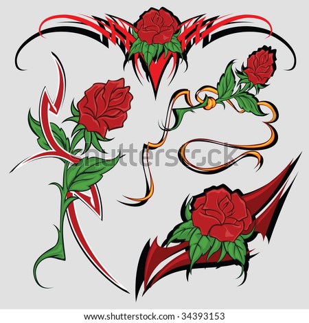 stock vector Selection of sketches with colours of a rose both tribal for