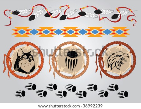 stock vector Set of sketches for tattoos and design on an American Indian 