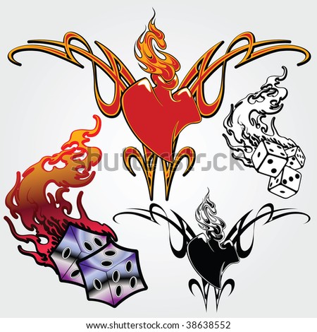 stock vector Set of sketches for tattoos heart flame playing bones