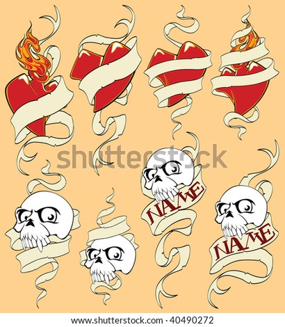 stock vector Set of sketches for tattoos hearts and skulls in tapes