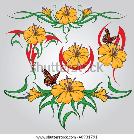 stock vector Selection of sketches tattoo tribal flowers and butterfly