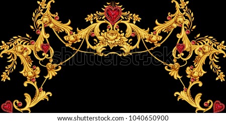Decorative composition with golden roses and ruby hearts