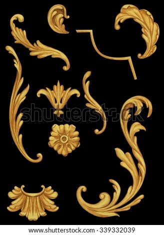 Golden decorative elements for baroque frame