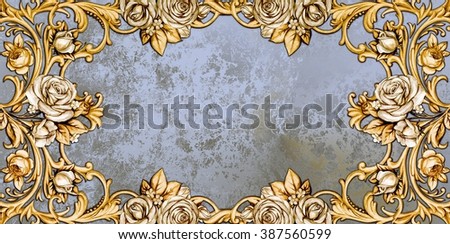 Horizontal vintage card with silver roses on silver background