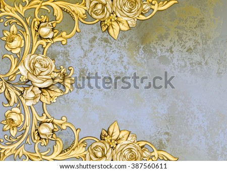 Vintage card with golden roses and silver background