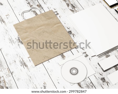 Set of identity elements and Blank Magazine mockup on vintage wooden substrate High resolution