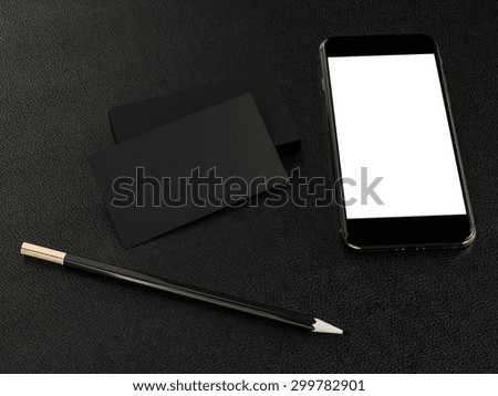 Black business cards blank and smartfon mockup on leather background High resolution