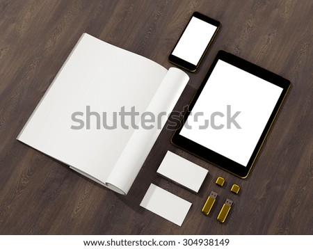 Open magazine, tablet, business cards cover with blank white page mockup on vintage wooden substrate. High resolution