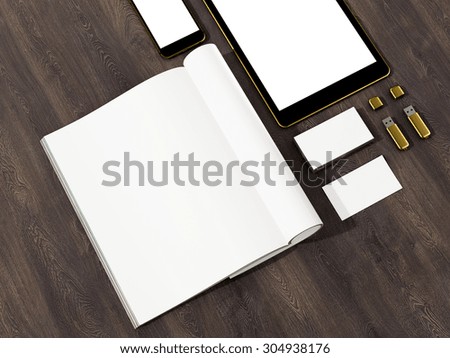 Open magazine, tablet, business cards cover with blank white page mockup on vintage wooden substrate. High resolution