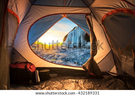 Sunrise inside a Tent. Camping concept