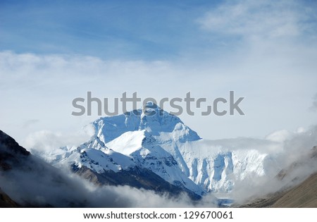 Everest, the highest mountain in the world, also called Qomolangma, located between China and Nepal.