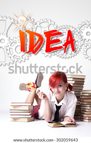 Red-haired girl, mechanism of gears, got the idea, light bulb as an idea, piercings on his face, bright lollipop spiral, tie and white shirt, read book, pile of books, student doing homework.