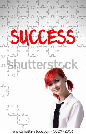 Red-haired girl, written marker, word of the success of a folded puzzle, piercings on his face, blue eyes, the birth of the idea, vertical photo, tie and white shirt, business success.