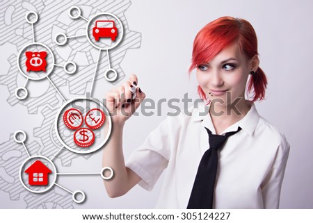 Red-haired girl, the mechanism of gears, the distribution of money, to save money on cars, saving money for a house, piercings on his face, earrings tunnels, he wrote marker, tie and white shirt.