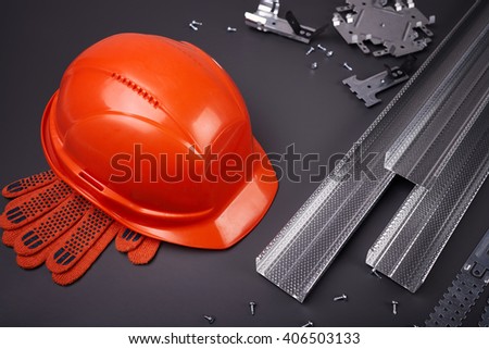 Construction helmet, profile for plasterboard, fixing plasterboard, set of building profiles, building materials, steel profiles for repair, construction works, screws for construction