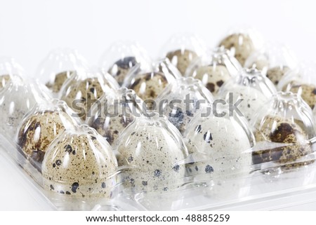 Close-up view of a tray of quails eggs