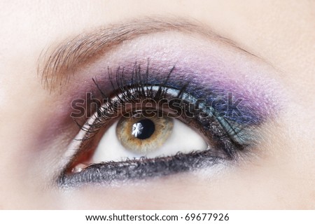 Macro shot of woman eye with violet and blue bright make-up