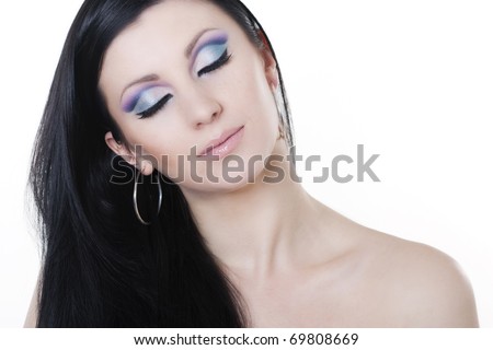 blue and purple makeup. lue and purple makeup. stock photo : Attractive brunette woman with lue and purple makeup; stock photo : Attractive brunette woman with lue and purple