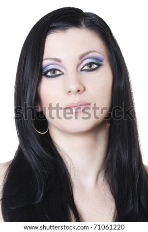blue and purple makeup. stock photo : Attractive brunette woman with lue and purple makeup