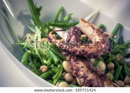 Cold served  chickpea-bean salad with shallot, freeze lettuce and rocket salad with warm grilled octopus
