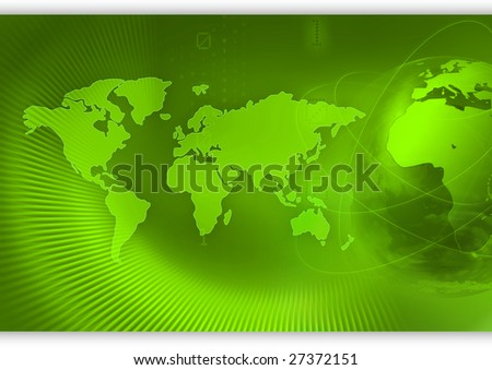 World map with globe on green background